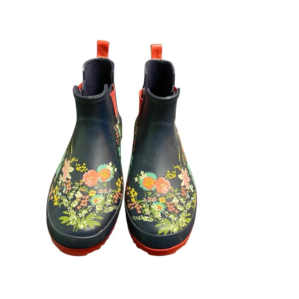 GARDENLINE Women's Floral Rain Boots Size 9 Navy Blue Red Ankle Garden Chelsea